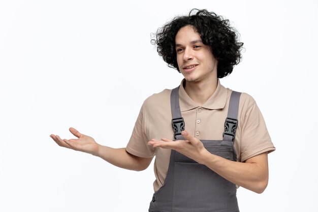 Smiling young male construction worker wearing uniform looking at side pointing to side with hands isolated on white background