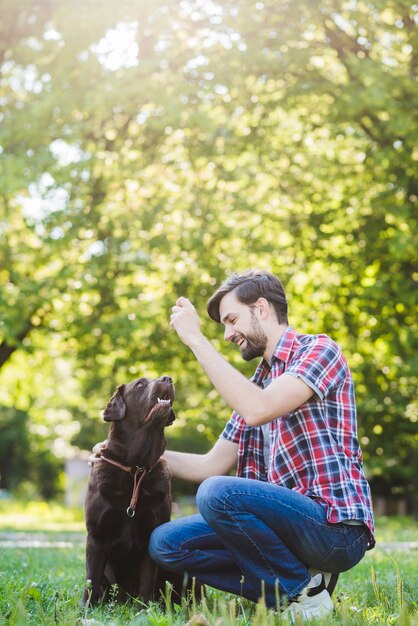 公園で彼の犬と遊んでいる笑顔若い男