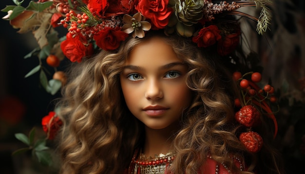 Free photo smiling young woman with curly hair and flower wreath generated by artificial intelligence
