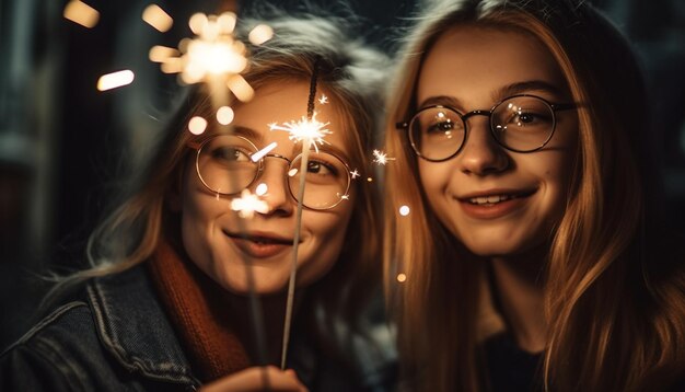 Smiling young women enjoy Christmas lights indoors generated by AI