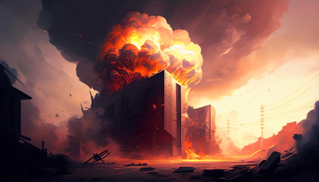 Заполненное дымом небо над горящим городским пейзажем с генеративным искусственным интеллектом