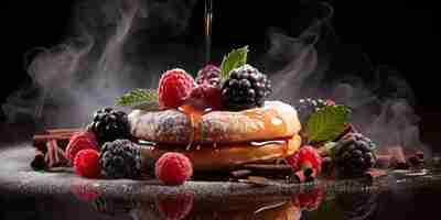 Free photo smoke wafts from a doughnut drizzled with syrup and berries on a plate