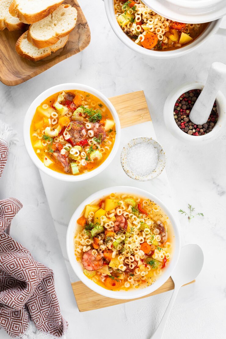 무료 Photo 흡연 소시지 minestrone tubetti 파스타 파스타와 계절의 채소와 함께 전통적인 이탈리아 수프