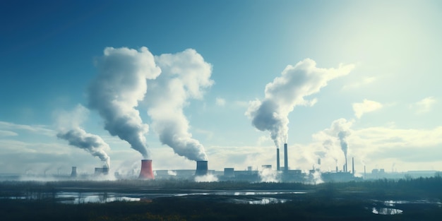 Бесплатное фото Дымоходы на фоне промышленного ландшафта с чистым небом
