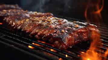 Free photo smoky ribs sizzle over open flame on grill