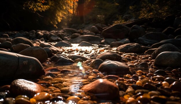 AIによって生成された穏やかな渓流に滑らかな岩が流れます