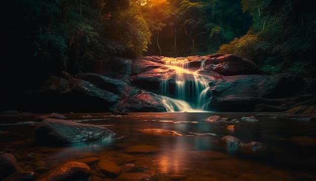 Free photo smooth water flowing over rocks in forest generated by ai