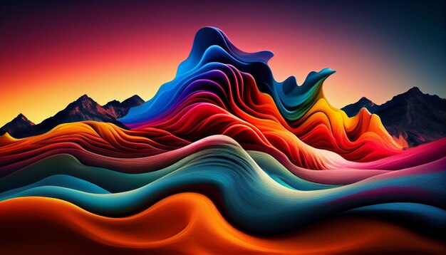 Smooth waves flow over abstract mountain landscape backdrop generated by AI