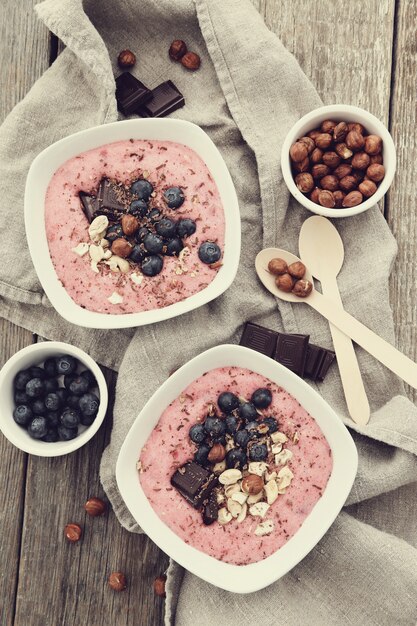 Smoothie bowl with chocolate and berries