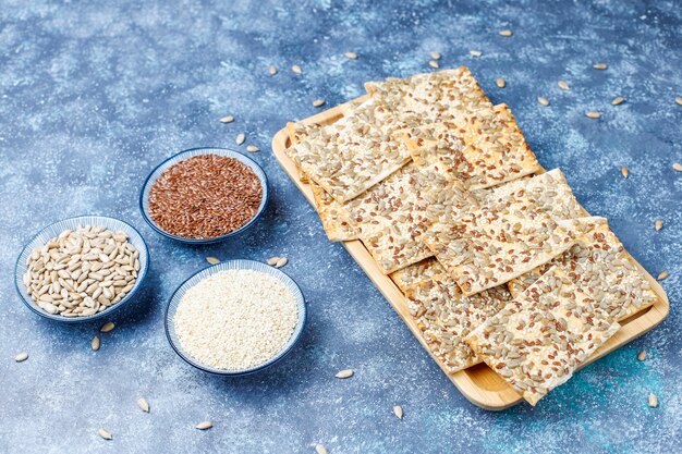 snack cookies with sunflower seed, linen seed, sesame seeds, top view