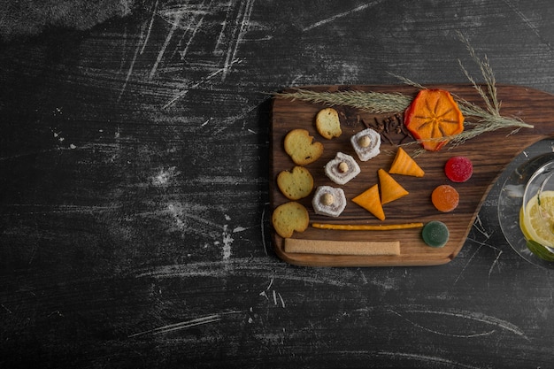 Snack and pastry board with various ingredients