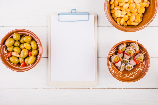 Snack plates with clipboard on desktop