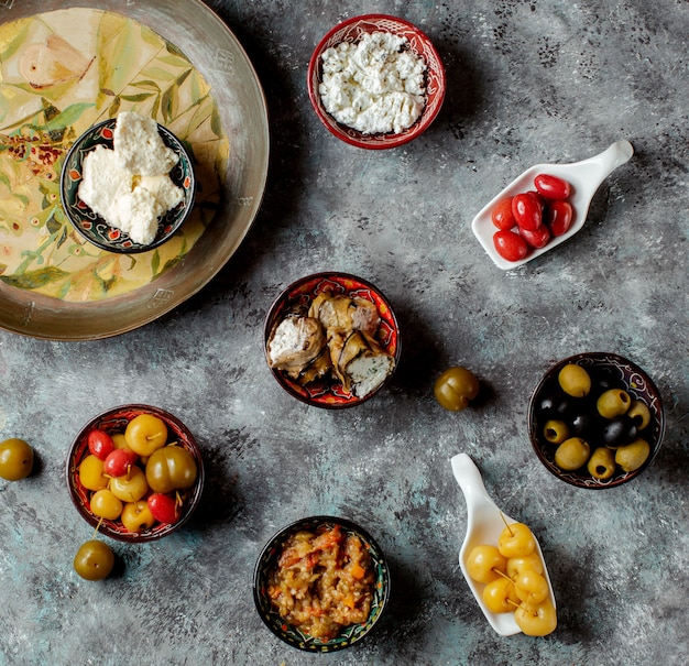 Snacks set on the table top view