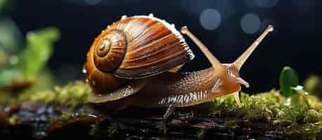 Free photo snail crawling on the moss in the forest snail in the nature