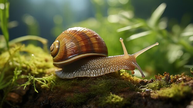 Snail crawling on a mossy piece of wood in the forest