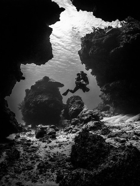 Snorkeling underwater on black and white