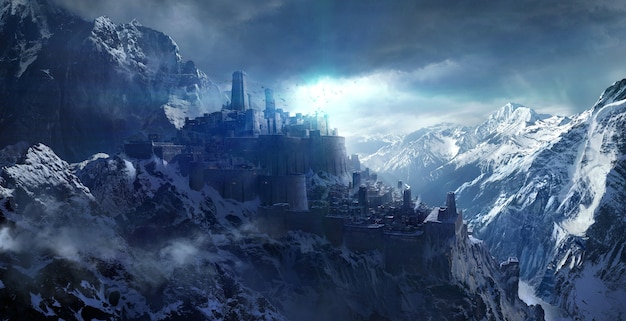 Snow-capped mountains between the castle, 3d rendering.