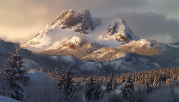Снежные горы ледяные вершины спокойные леса величественные панорамные пейзажи, созданные искусственным интеллектом