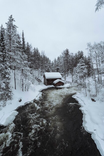 핀란드 Oulanka 국립 공원의 강 옆 눈 덮인 오두막