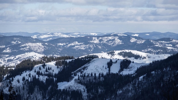 雪に覆われた山頂の冬のパノラマ