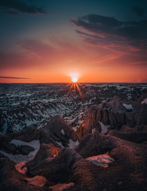 Snow mountains at sunset