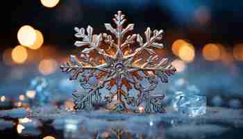 Free photo snowflake decoration on winter night glowing with christmas lights generated by artificial intelligence