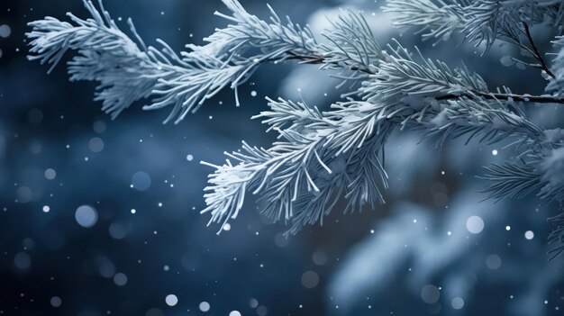 Snowflakes settling on pine branches under soft winter moonlight