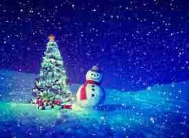 Free photo snowing christmas holiday celeration with snowman and pine trees