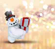 Foto gratuita pupazzo di neve figura 3d che trasporta i regali su uno sfondo luci bokeh