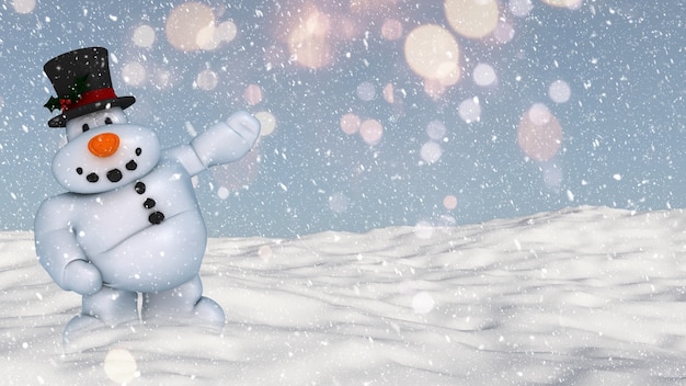 無料写真 雪の地上風景に雪だるまのレンダリング3d