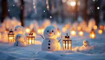Foto gratuita pupazzo di neve che sorride nella celebrazione invernale notturna con decorazioni generate dall'intelligenza artificiale