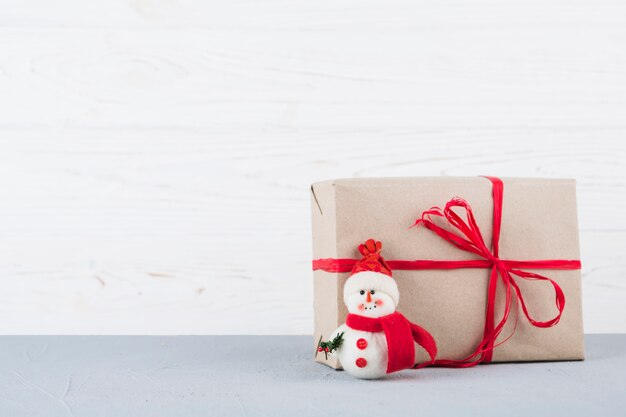 Snowman toy with wrapped Christmas gift