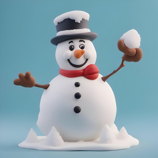 Snowman with hat and bow tie on blue background 3d illustration