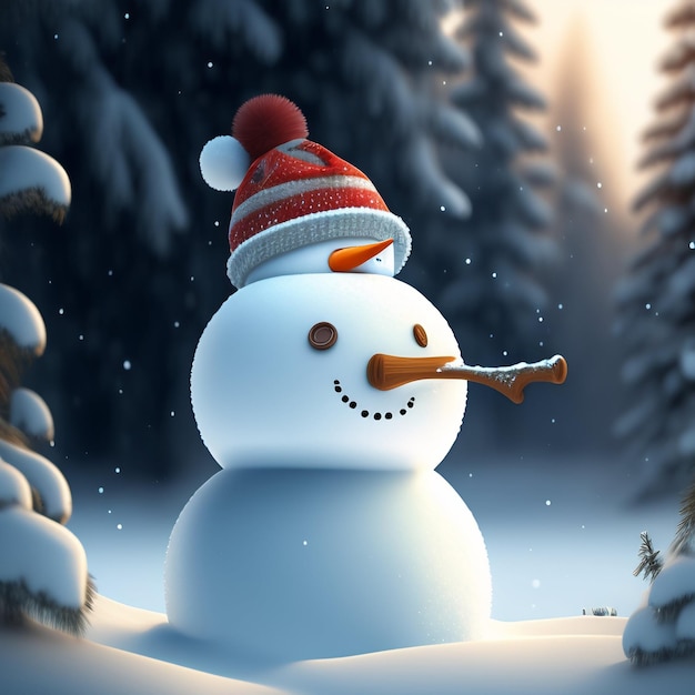 A snowman with a red hat and a red hat is in a snowy forest.