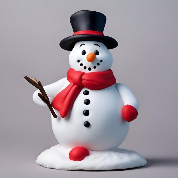 Snowman with red scarf and hat on a gray background 3d illustration
