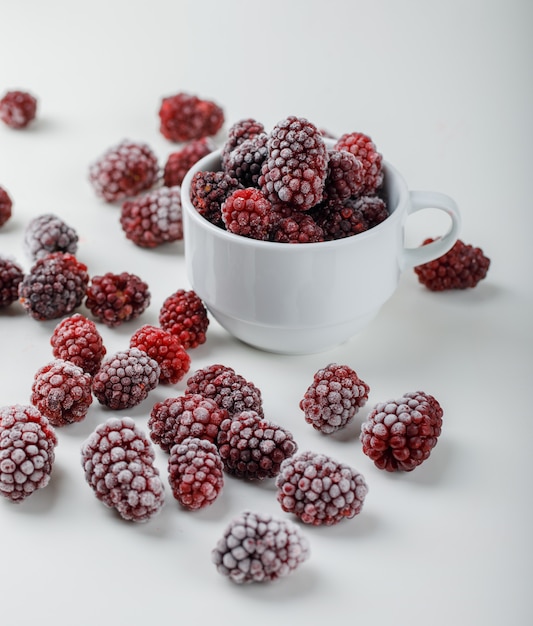 Snowy blackberries in a white cup