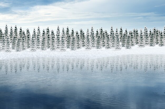 푸른 하늘 배경으로 호수 가장자리에 눈 덮인 전나무