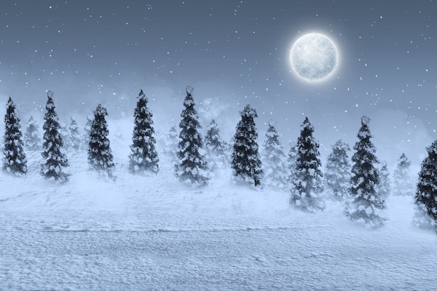 Snowy fir trees with snowfall and full moon at night