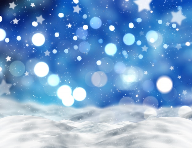 ボケ味ライトと星の背景に3D雪に覆われた地面