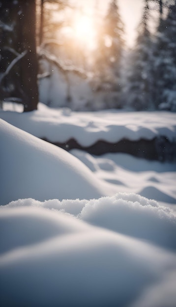 일몰 때 숲의 눈 덮인 풍경 아름다운 겨울 배경