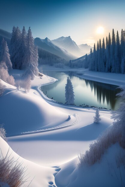 Snowy landscape with a lake and mountains in the background