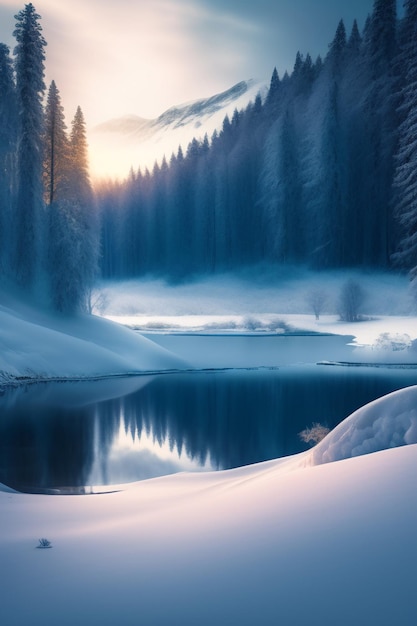 A snowy landscape with a lake and trees in the foreground