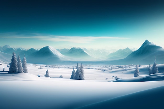 A snowy landscape with mountains in the background