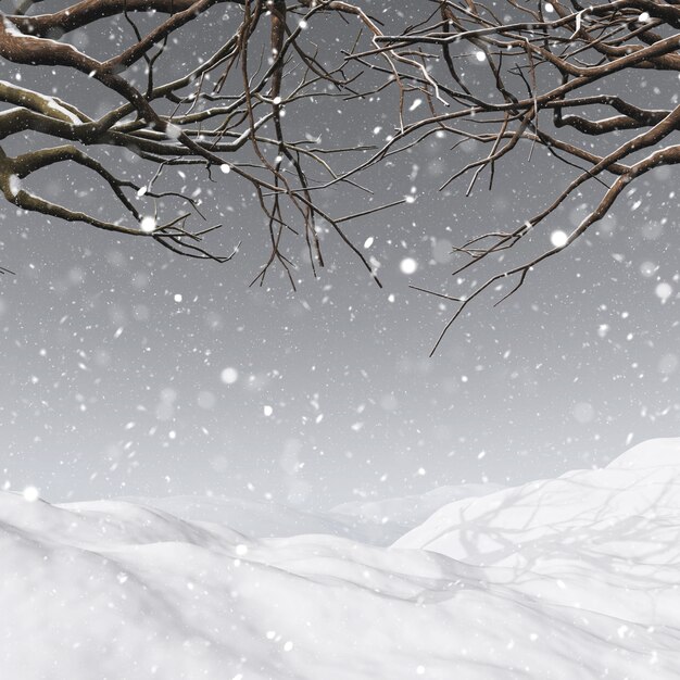 雪の背景に冬のツリーのレンダリング3D