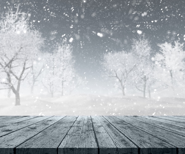 Snowy landscape behind a wooden table