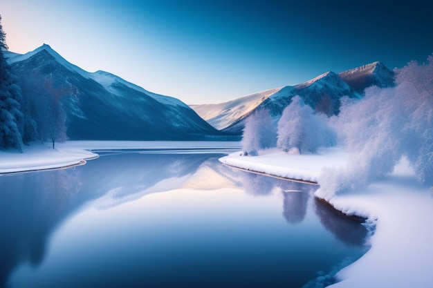 A snowy mountain lake in winter with a blue sky and snow covered mountains in the background.