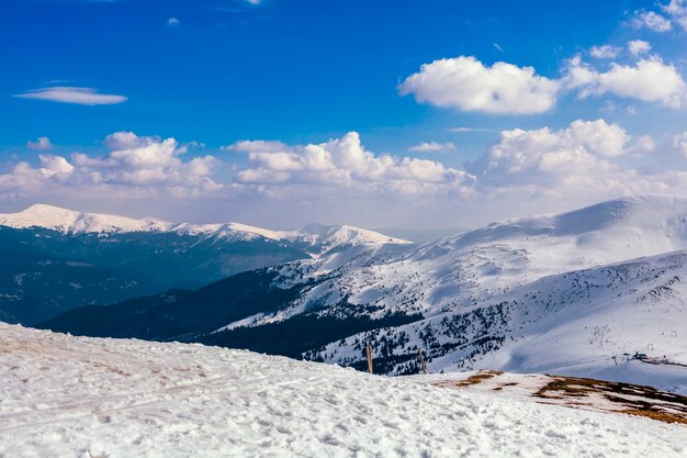Snowy mountain landscape against blue sky