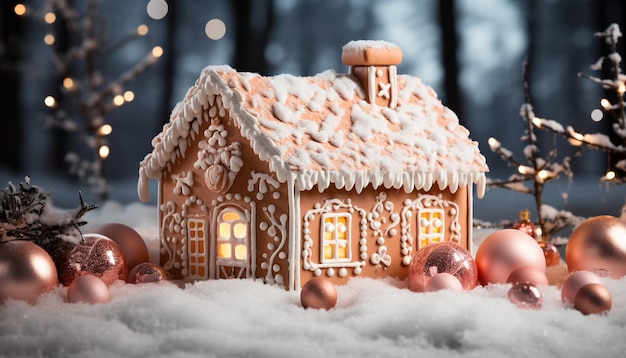 Snowy night homemade gingerbread house decorated with icing and candy generated by artificial intelligence