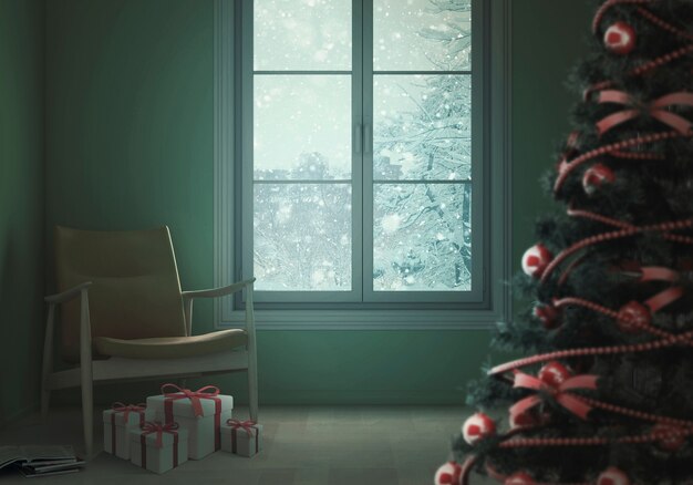 Snowy window with christmas interior decor