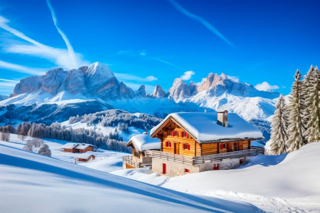 Free photo snowy winter landscape with houses mountains and blue sky